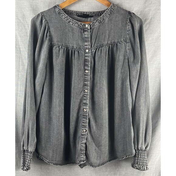 Jane + Delancey Pearl Button Up Shirt Size M Grey Long Puff Sleeve Elastic Cuff - Picture 1 of 7